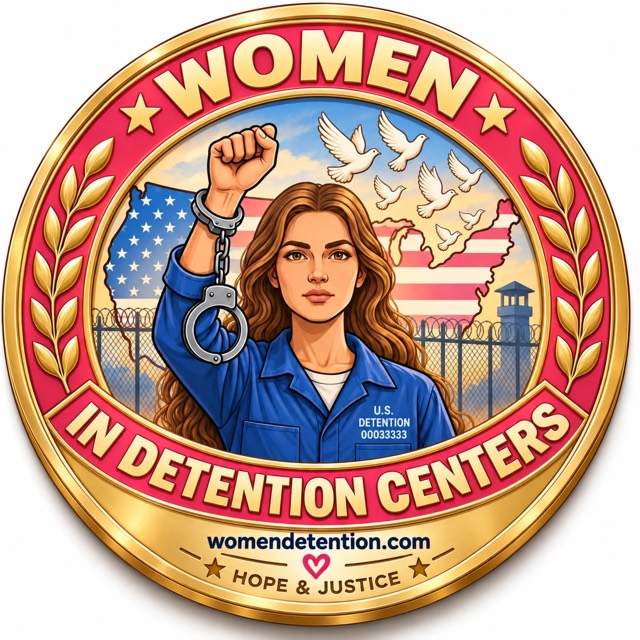 Womendetention emblem “Women in Detention Centers”: a woman in a blue uniform raises her fist with an open handcuff, doves fly over the map of the USA