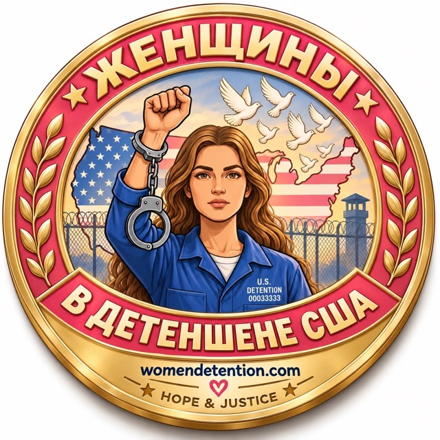 Эмблема Womendetention: женщина в синей форме поднимает кулак с раскрытым наручником, над картой США летят голуби
